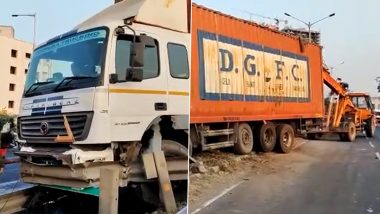 Pune Road Accident: Two Four-Wheelers Damaged After Speeding Container Hits Divider on Navale Bridge (Watch Video)