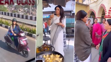 Raveena Tandon Gorges Samosa, Clicks Selfies, Enjoys Scooty Ride in Bhopal Amidst Shoot (Watch Video)