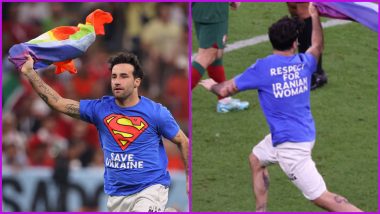 Spectator Invades Pitch With 'Save Ukraine', 'Respect for Iranian Woman' Messages Also Held LGBTQ Rainbow Flag in Hand During Portugal vs Uruguay FIFA World Cup 2022 Match