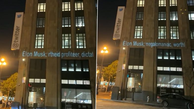 Elon Musk Called 'Space Karen', 'Worthless Billionaire' and What Not in Scrolling Messages Projected on Twitter Headquarters in San Francisco (Watch Video)