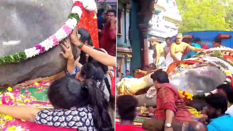 Puducherry Temple Elephant Lakshmi Dies: Large Crowd Including Lt Governor Tamilisai Soundararajan Pay Tributes to Sacred Mammal (See Pics)