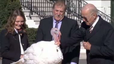 Thanksgiving 2022: US President Joe Biden Pardons National Thanksgiving Turkeys Chocolate and Chip at White House (Watch Video)