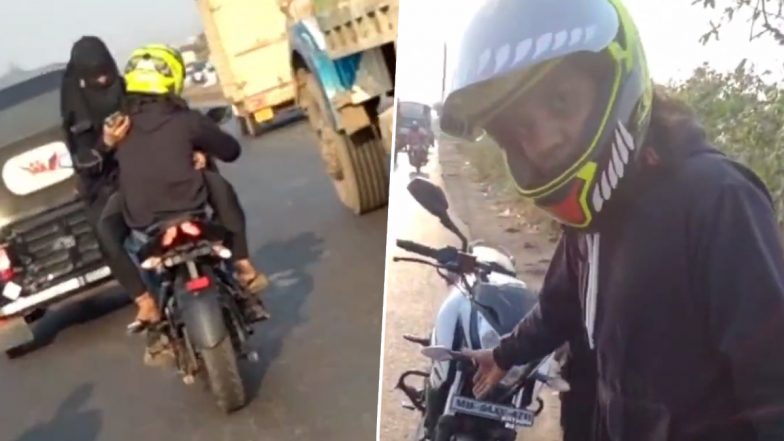 Viral Video: Bike Rider Filmed With Burqa-Clad Woman Sitting on Fuel Tank Facing Him on Thane-Bhiwandi Road