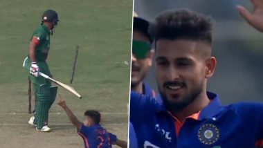 Umran Malik Cleans Up Najmul Hossain Shanto with 151 kmph Delivery, Off Stump Goes Cartwheeling! (Watch Video)