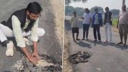 Uttar Pradesh: Man Scoops Out Surface of Newly-built Road in Deoria (Watch Video)