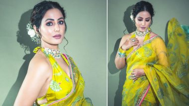 Hina Khan Poses in Deep Neck Halter Blouse Paired With Traditional Nine-Yards for Her Manager’s Wedding, Looks Nothing Less Than a Dream! (View Pics)