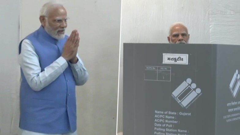 PM Narendra Modi Votes in Ahmedabad in Second Phase of Gujarat Assembly Elections 2022 (See Pics and Video)