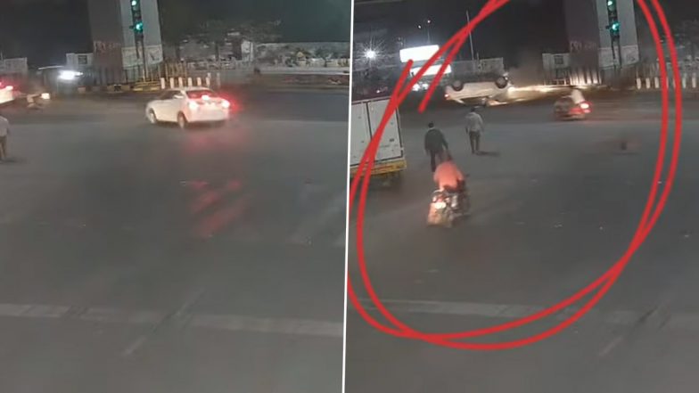 Video: Speeding Car Crashes, Hits Divider; Cyberabad Police Share Horrifying CCTV Footage Showing Dangers of Drunk Driving