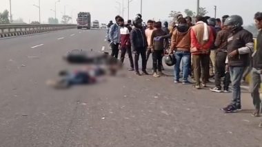 UP Road Accident: Two Dead, One Injured After Car Hits Bike on National Highway in Prayagraj (Watch Video)