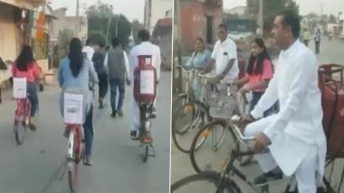 Gujarat Assembly Elections 2022 Phase 1 Polling: To Highlight Issue of Inflation and Price Rise, Congress MLA Paresh Dhanani Heads to Polling Booth With a Gas Cylinder on Bicycle (Watch Video)