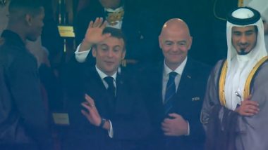 FIFA World Cup 2022 Final: French President Emmanuel Macron Joyfully Waves At the Start of France vs Argentina Football Match in Qatar (Watch Video)