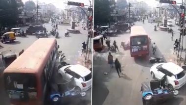 MP Shocker: Bus Driver Dies After Suffering Heart Attack While Driving in Gohalpur; Biker Killed, Several Injured (Watch Video)