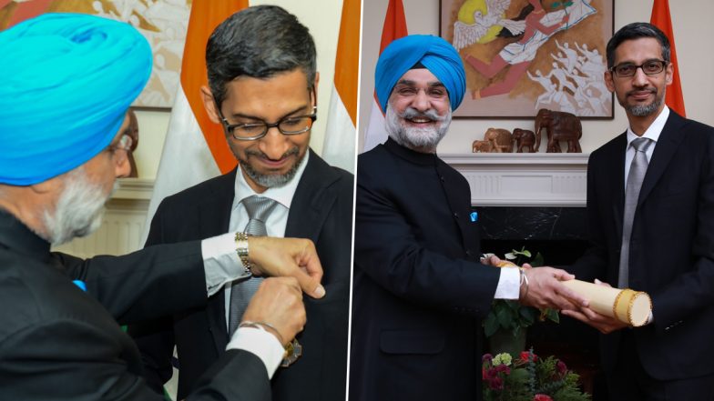 Sundar Pichai Receives Padma Bhushan in San Francisco From India’s Envoy to US Taranjit Singh Sandhu (See Pics)