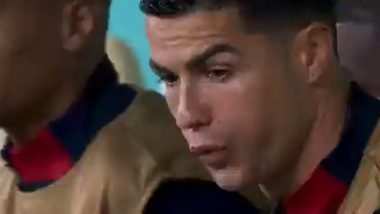 Cristiano Ronaldo Reacts from Bench After En Nesyri’s Header Goal During Portugal vs Morocco FIFA World Cup 2022 Quarterfinal (Watch Video)