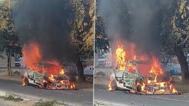 Video: Moving Car Catches Fire After Short Circuit in Greater Noida, Driver Jumps Out of Vehicle to Save Life