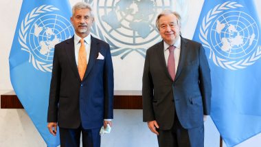 EAM S Jaishankar Discusses India’s G20 Presidency With UN Secretary General Antonio Guterres (Watch Video)