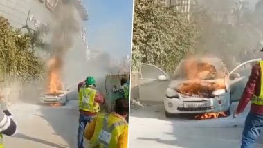 Kanpur: Moving Car Catches Fire, Viral Video Shows Vehicle Engulfed in Flames