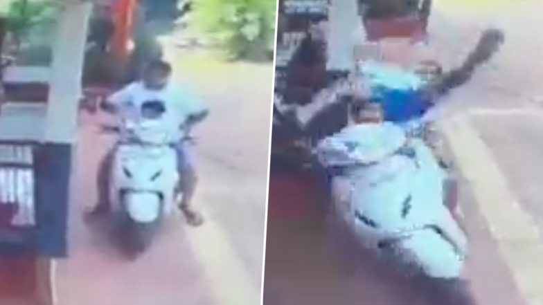 Accident Video: Man Suffers Serious Injuries on Back After Son Accelerates Bike Left With Engine On in Sindhudurg, CCTV Captures Terrifying Visuals