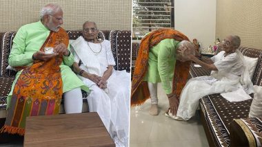 PM Narendra Modi Meets His Mother Heeraben Modi in Gandhinagar, Takes Her Blessings Ahead of Phase 2 of Polling in Gujarat (See Pics and Video)