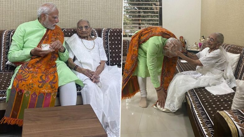 PM Narendra Modi Meets His Mother Heeraben Modi in Gandhinagar, Takes Her Blessings Ahead of Phase 2 of Polling in Gujarat (See Pics and Video)