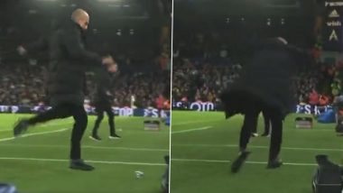 Funny Incident! Pep Guardiola Kicks A Bottle Which Accidentally Hits A Leeds United Support Staff On Bench, Runs Over To Apologize (Watch Video)