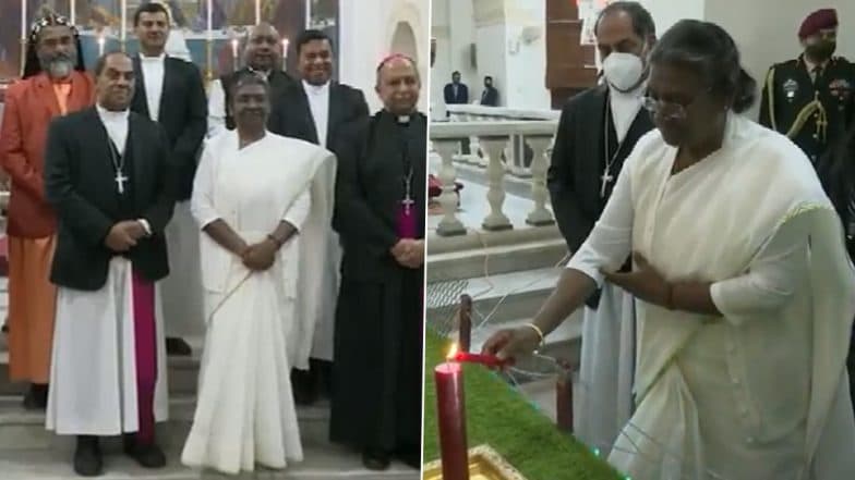 Christmas 2022: President Droupadi Murmu Offers Prayers at Sacred Heart Cathedral in Delhi, Spends Time With Children To Ring in Xmas Fervour (Watch Video)