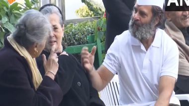 Rahul Gandhi Shares a Joyful Moment With Mother Sonia Gandhi During Congress Party’s 138th Foundation Day Celebration in Delhi (Watch Video)