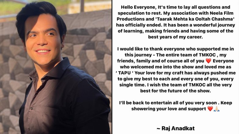 Raj Anadkat Aka Tapu Quits Taarak Mehta Ka Ooltah Chashmah, Pens a Thank You Note for All (View Post)