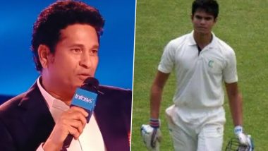 Sachin Tendulkar Reacts to Son Arjun Tendulkar’s Century on Ranji Trophy Debut (Watch Video)