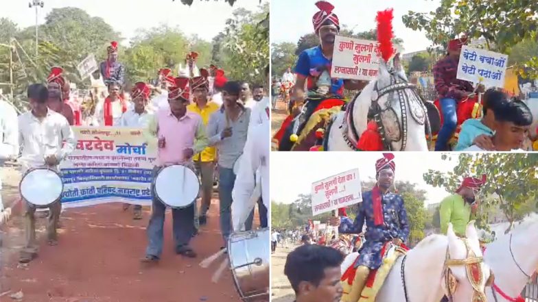 'Bride Wanted': 50 Eligible Bachelors March to Solapur Collector Office With ‘Band Baja Baraat’ To Seek Brides (Video)