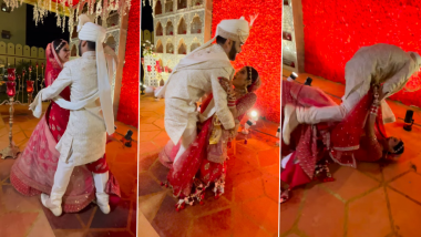Groom Trips Over Bride's Lehenga, Loses His Balance and Both Fall on Stage During Wedding Photoshoot; Video Goes Viral