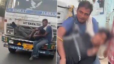 Punjab Shocker: Man Accused of Stealing Wheat Bags Tied to Moving Truck’s Bonnet in Muktsar (Watch Video)