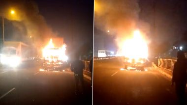 Maharashtra Fire: Container Engulfs in Blaze on Nashik-Mumbai Highway (Watch Video)