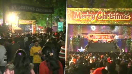 Christmas 2022: Huge Crowd Gather at St. Joseph's Cathedral Church in Uttar Pradesh's Lucknow (Watch Video)