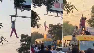 Telangana: Drunk Man Climbs Up Bilboard Frame in Siddipet, Booked After Video Goes Viral