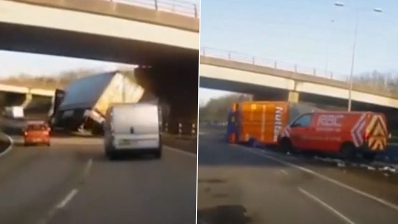 Lorry Topples Onto Its Side on UK Road, Van Behind It Narrowly Escapes Accident; Terrifying Video Goes Viral