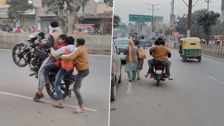 Uttar Pradesh Shocker: Teenager Performs Bike Wheelie With Three Minors Seated Behind in Ghaziabad, Police Launch Probe as Video Goes Viral