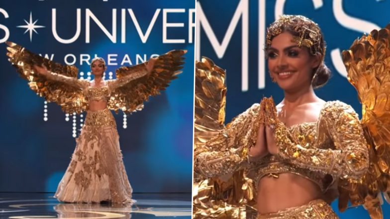 Miss Universe 2022: Divita Rai From India Dazzles As ‘Sone Ki Chidiya’ in Golden Bird Dress With Metallic Structured Wings! Watch Video