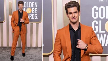 Golden Globe Awards 2023: Andrew Garfield Looks Dashing in a Mustard and Black Coloured Suit As He Arrives on the Red Carpet (Watch Video)