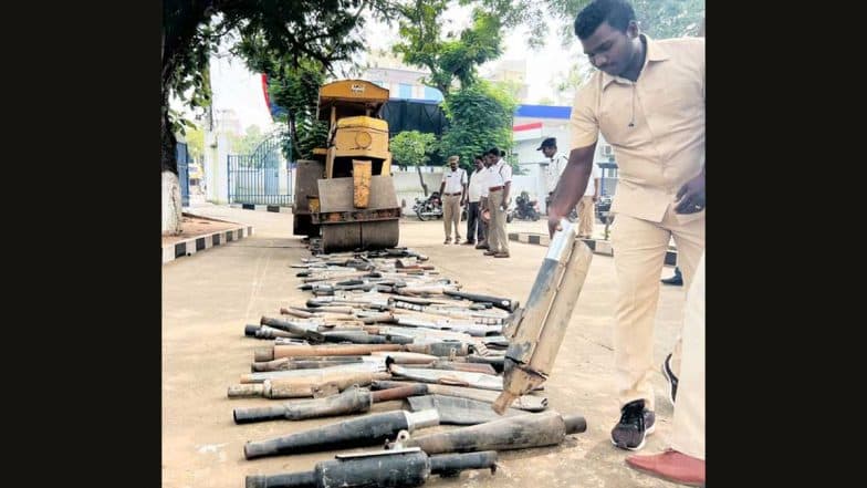 Andhra Pradesh: Nellore Police Use Road Roller To Destroy 173 Modified Silencers, Bike Owners Fined for Noise Pollution (Watch Video)