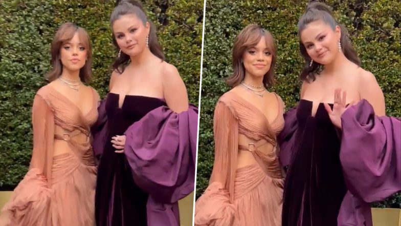 Golden Globe Awards 2023: Jenna Ortega Stuns in a Peach-Coloured Cut-Out Dress With Selena Gomez by Her Side in a Purple Gown (Watch Video)