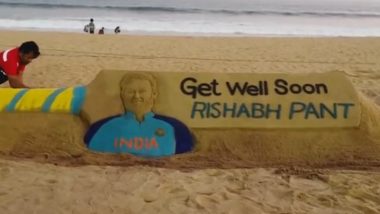 Rishabh Pant Sand Art: Sudarsan Pattnaik Creates Sand Sculpture at Puri Beach for Indian Cricketer; Wishes Him a Speedy Recovery (View Post)