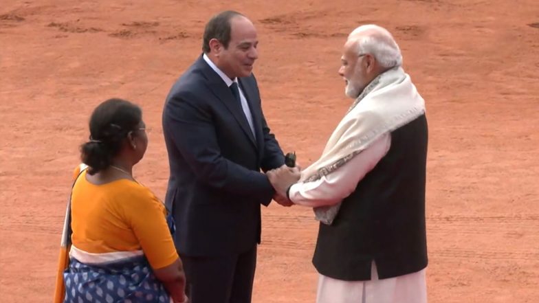 Republic Day 2023 Parade Chief Guest Egypt President Abdel Fattah El-Sisi Welcomed At Rashtrapati Bhavan by PM Narendra Modi and President Droupadi Murmu (Watch Video)