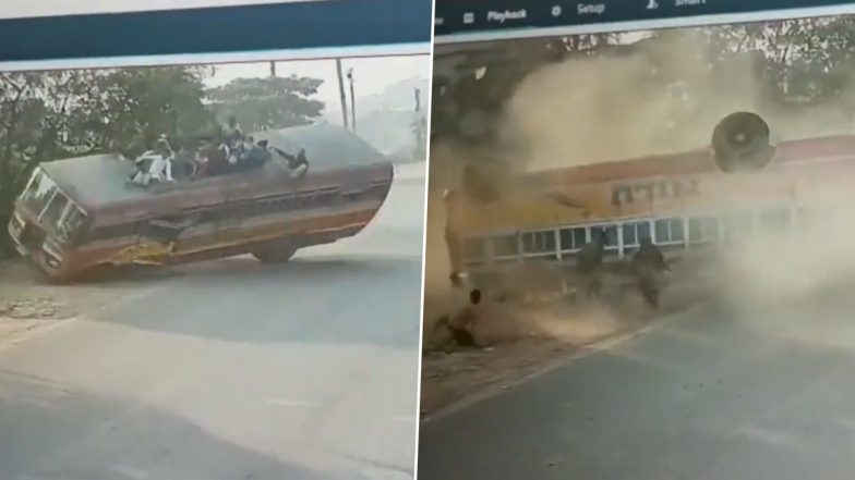 West Bengal: Speeding Bus Drifts and Overturns in Burdwan, One Killed; Horrifying Road Accident Caught on Camera (Watch Video)