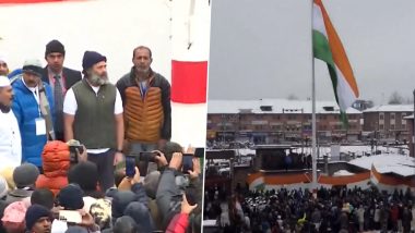 Bharat Jodo Yatra Concludes Today: Tricolour Hoisted at Congress Office in Srinagar in Presence of Rahul Gandhi, Mallikarjun Kharge, and Priyanka Gandhi (Watch Video)