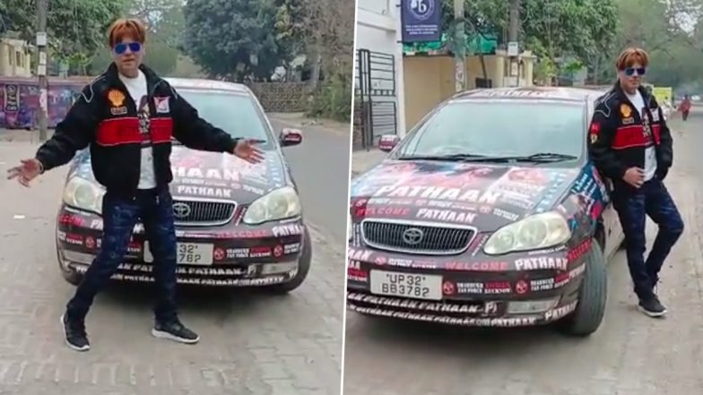 Shah Rukh Khan’s Hardcore Fan Covers Entire Car With Pathaan Poster To Show His Love for the Actor and His Film (Watch Videos)