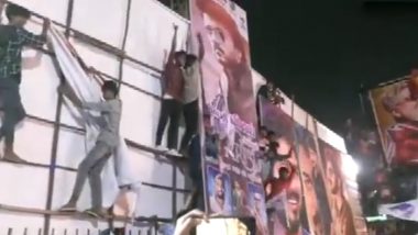 Ajith Kumar and Thalapathy Vijay Fans Tear Posters of Varisu and Thunivu As They Gather Outside a Movie Theatre in Chennai (Watch Video)