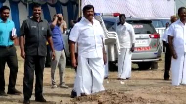 Tamil Nadu Minister SM Nasar Throws Stone at DMK Workers in Tiruvallur Over Delay in Bringing Chairs for Him (Watch Video)