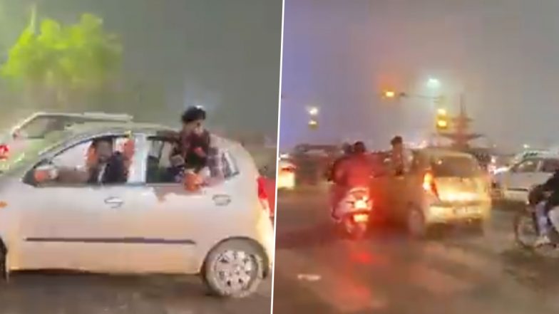 Uttar Pradesh: Drunk Youths Perform Dangerous Stunts in Lucknow; Stick Head Out of Car Window, Spill Alcohol on Road (Watch Video)