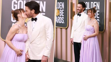 Golden Globe Awards 2023: Kaley Cuoco Flaunts Her Baby Bump in Purple Gown With Tom Pelphrey by Her Side on the Red Carpet (Watch Video)